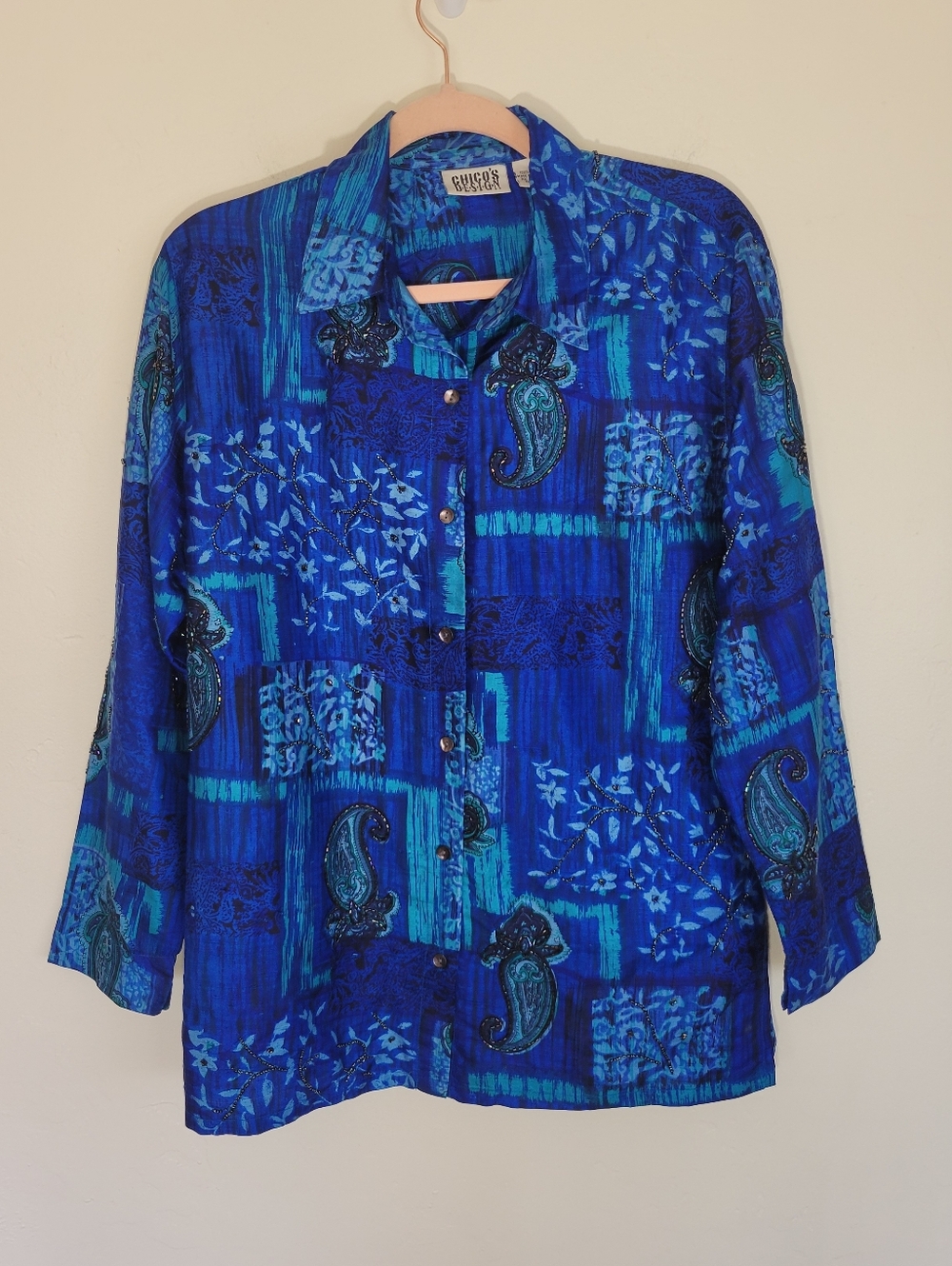 Chico's Patterned Blue Button-Up Shirt WOMEN SIZE L
